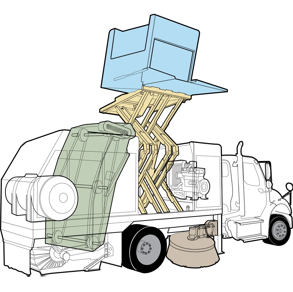 Starfire S-6t cutaway showing hopper lift, elevator, engine, and broom systems